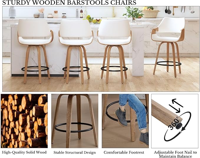 26 Inch Modern Barrel Swivel Counter Stools Counter Height Swivel Bar Stools with Backs Set of 2, Cream Linen Upholstered Bar Height Island Chairs, Farmhouse Solid Wood Barstools for Kitchen Island