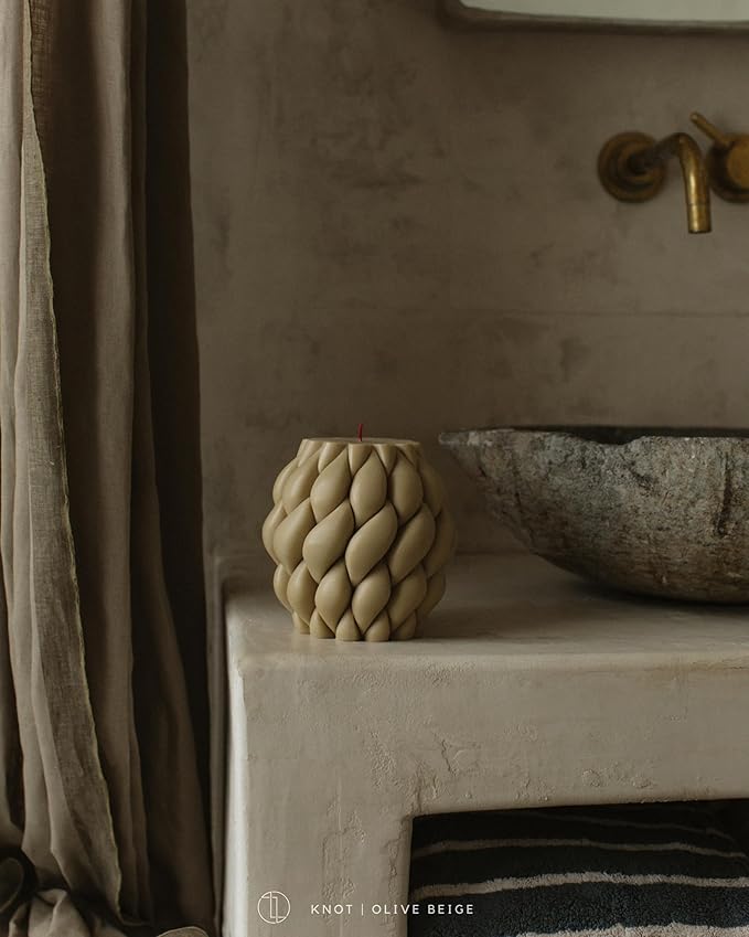LAWA Knot Ball Candle - Large Beautiful Handmade Pillar Scented Soy Wax Elegant Bubble Aesthetic Candle Housewarming Gift Home Room Shelf Decor Idea Olive Beige