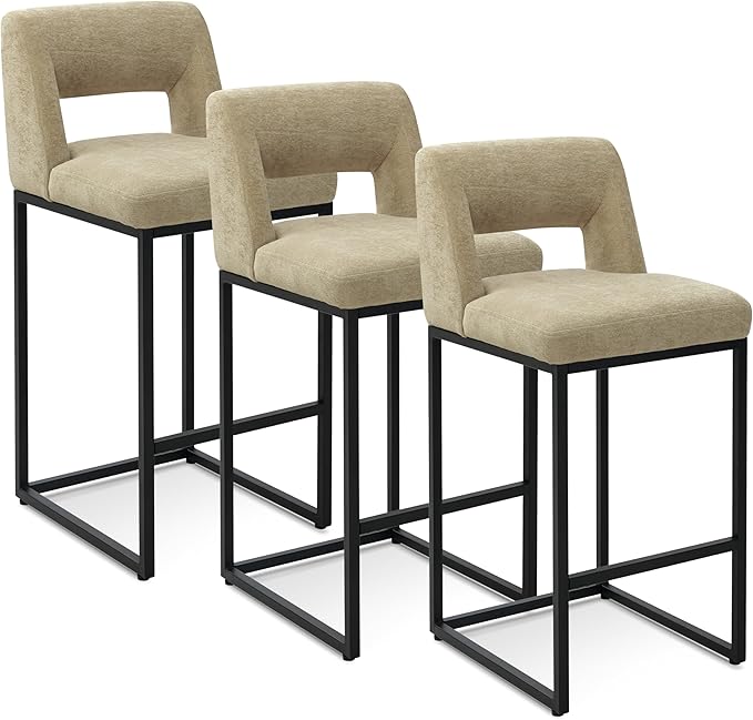 Counter Height Bar Stools Set of 3 for Kitchen Counter Modern Bar Chairs with Backs for Kitchen Island with Upholstered Fabric Seat and Metal Frame, Khaki, 26 Inch