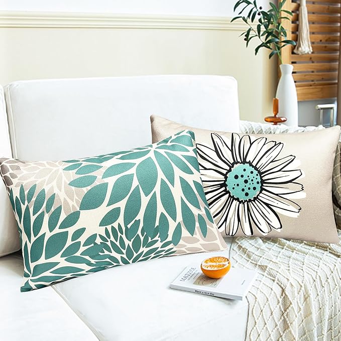 Decorative Throw Pillow Covers Set of 4 Teal Pillow Covers 12x20 inch Throw Pillow Cases Linen Square Pillow Case,Farmhouse Outdoor Modern Boho Pillow Covers for Couch Sofa Living Room