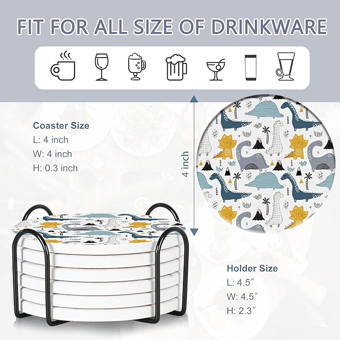 Drink Coasters Set of 6 with Holder, Dinosaur Absorbent Ceramic Drink Coaster for Tabletop Protection,Suitable for Kinds of Cups,Drinks Coasters for Home Office Decoration(4 Inches)