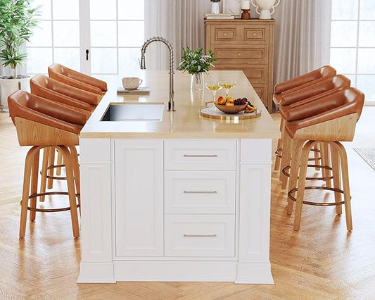 HNY 26 Inch Swivel Bar Stools with Back Set of 6, Brown Faux Leather Upholstered Counter Height Barstools with Solid Bentwood Frame, Round Footrest, Modern Barrel Counter Stools for Kitchen Island