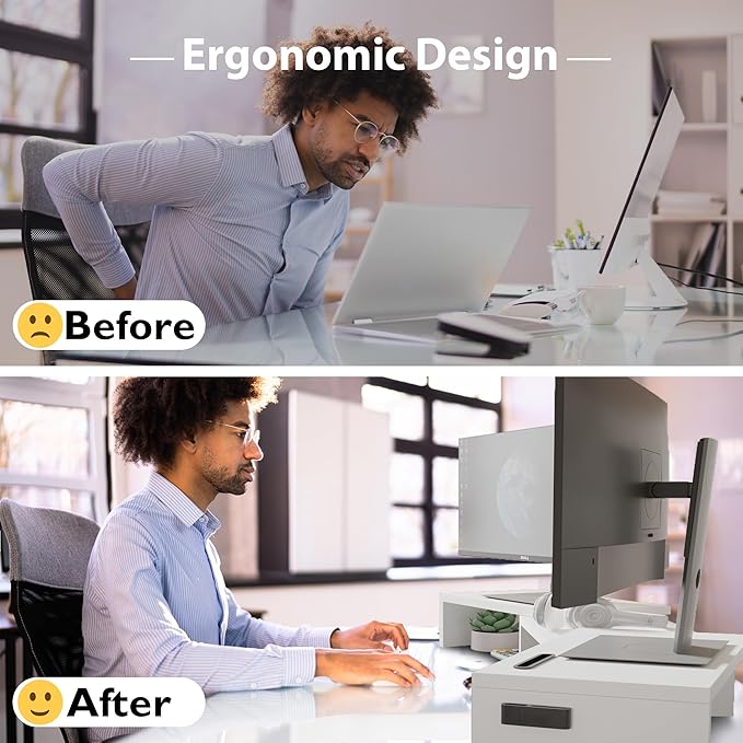 BONTEC Dual Monitor Stand for Desk, Adjustable Length and Angle Monitor Stand Riser with Smartphone Holder, Desk Shelf for Top of Desk, Computer Monitor Stand with Storage, Office Desk Organizer, White