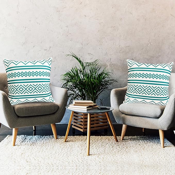 Decorative Throw Pillow Covers Set of 2 Teal Blue Boho Pillow Covers 16x16 Inch Throw Pillow Cover Linen Pillowcase Modern Farmhouse Outdoor Pillow Covers for Couch Sofa Bed Living Room