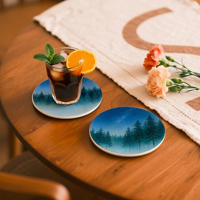 Watercolor Starry Night Forest Coasters Set of 6 with Holder - Ceramic Drink Coasters & Wall Art, Nature-Themed Home Decor for Living Room, Coffee Table - Unique Housewarming