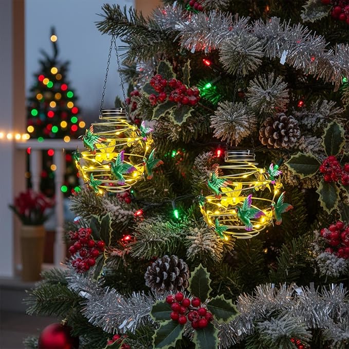 2 Pack Hummingbird Solar Lights Outdoor Hanging Lantern with Handle, Solar Powered Hummingbird Garden Decor for Outside Patio Yard Porch Pathway Butterfly Gifts for Women (Warm White LED Lights)