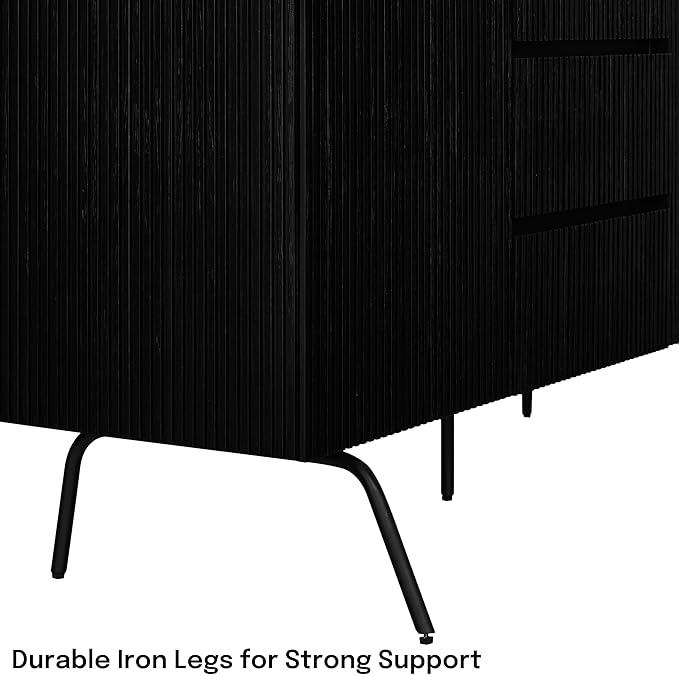 NTC Veil Sideboard with 2 Doors and 3 Drawers, Buffet Cabinet with Vertical Groove Design and Metal Legs, Storage Cabinet for Living Room, and Entryway, Effortless Assembly - Burnt Black