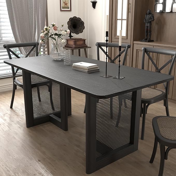 Casaphoria 67" Dining Table, Modern Kitchen Table for 4-6, Farmhouse Style with Rectangular Top & Rattan Legs, Easy Assembly for Living Room, Kitchen, Bar, Black