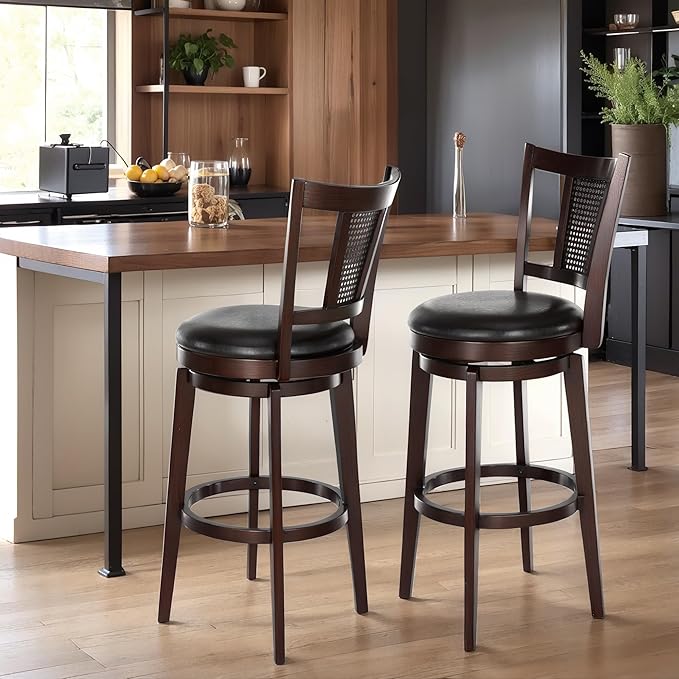 ALPHA HOME Swivel Bar Stools Set of 2, Kitchen Stools with Backs, 30 Inch Wooden Bar Stools, 360 Degrees Swivel Chair with Upholstered, Wrap-Around Footrest Counter Chair, Dark Brown