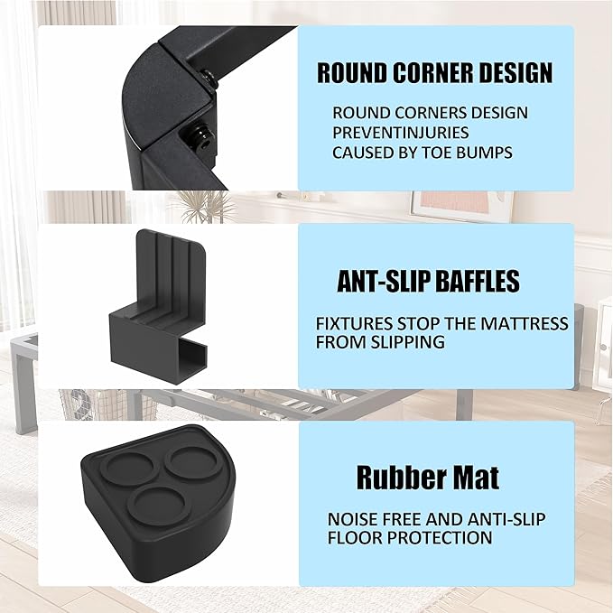 FUIOBYVV Twin Bed Frames with Round Corner Edge Legs 16 inch High 3500 lbs Heavy Duty Metal Platform Bed Frame Twin Size No Box Spring Needed/Non-Slip/Steel Slat Support/Noise Free