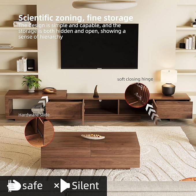 Mid-Century Modern Extendable 78.5"-105" TV Stand for TVs up to 70"-100",Entertainment Centers with 2 Drawers and 2 Storage Units, for Living Room,Bedroom,Walnut