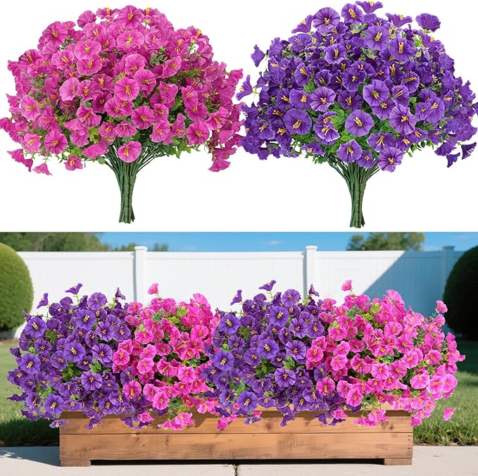 12 Bundles Artificial Flowers for Outdoors Decorations, Fake Flowers Artificial Plants Outdoor, Colorful Morning Glory Realistic UV Resistant for Garden Patio Porch Home Decor (Purple+RoseRed)