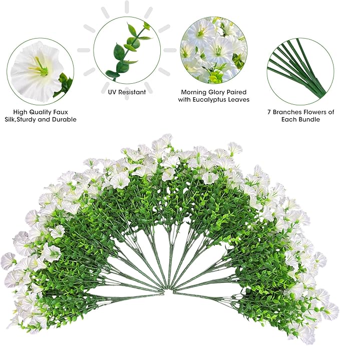 Ouddy Decor 24 Bundles Artificial Flowers for Outdoors Decoration Fake Silk Morning Glory Flowers Faux Eucalyptus Plants UV Resistant for Porch Patio Garden Spring Summer Home Decor, White