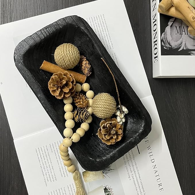 Wooden Dough Bowl Decor, Vintage Wooden Bowl Hand Carved Home Decor for Dining Table Center, Living Room, Kitchen Decor. (10inch black)