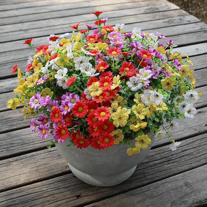 Artificial Outdoor Flowers 12 Bundles Spring Summer Silk Fake Plants Colorful Outside Realistic Wild Flower Plants Vibrant Durable Perfect Front Porch Planter Decoration (Multi Colour 1#)