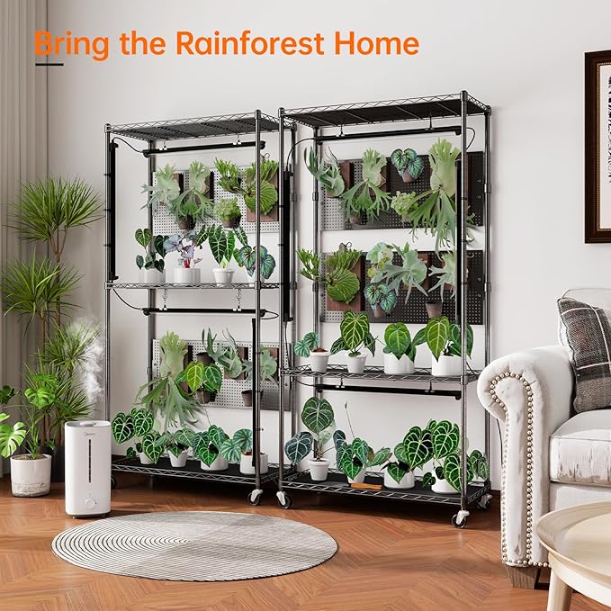 Bstrip Plant Shelf with Grow Light & Pegboard, Metal Plant Stand with Adjustable Rack and Wheels, 4 x 24W Full Spectrum Grow Light Strip for Indoor Plants, Foliage Plants, Seedling, 29.5"x13.8"x59"