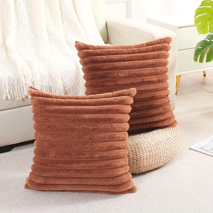 FUTEI Brown Striped Decorative Throw Pillow Covers 20x20 Inch Set of 2,Square Fall Decorations Couch Pillow Case,Soft Cozy Faux Rabbit Fur & Velvet Back,Modern Home Decor for Bed