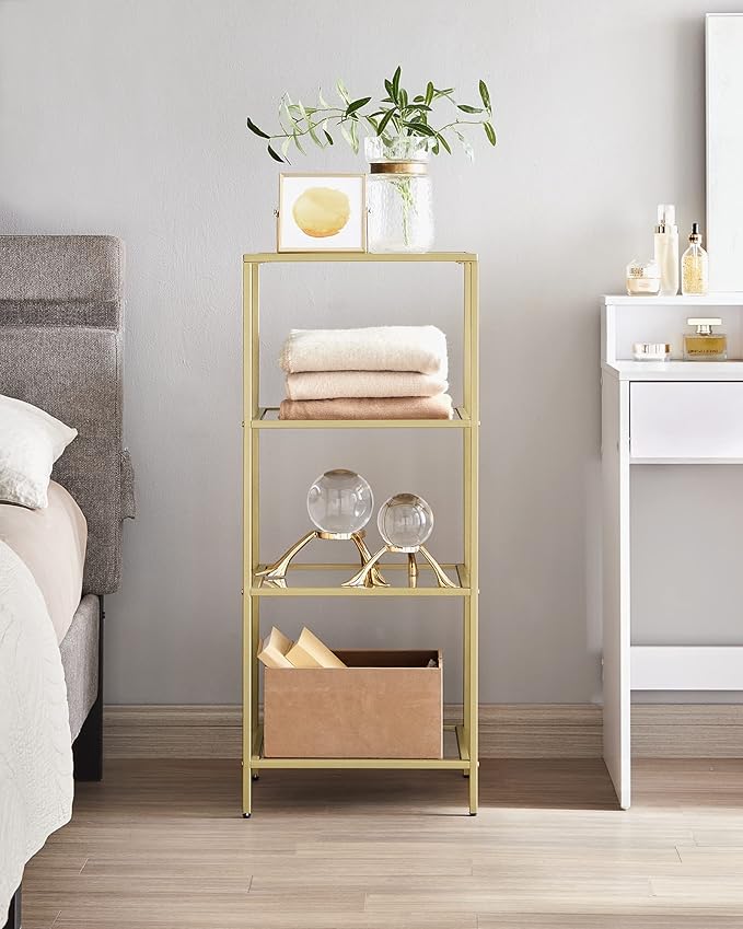 VASAGLE Bookcase, 4-Tier Bookshelf, Slim Shelving Unit for Bedroom, Bathroom, Home Office, Tempered Glass, Steel Frame, Metallic Gold ULGT28G