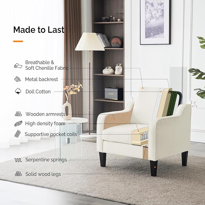 VINGLI Mid Century Modern Accent Chairs for Living Room & Reading - Soft Chenille Upholstered Arm & Side Chairs (Creamy White)