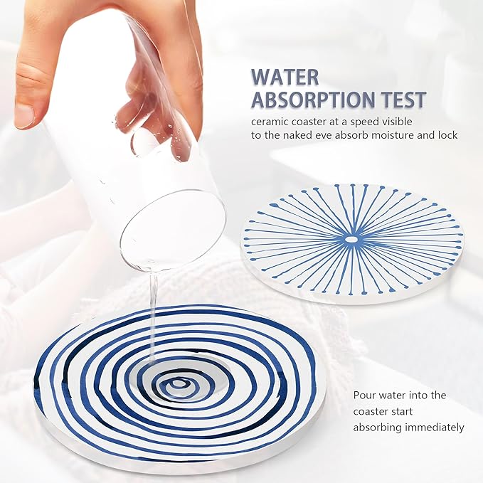 Drink Coasters Set of 6 with Holder, Blue Watercolor Series Absorbent Ceramic Coasters with Cork Base,Fit All Cups,Great Gift for Housewarming,Room Decor,Bar,Holiday Party