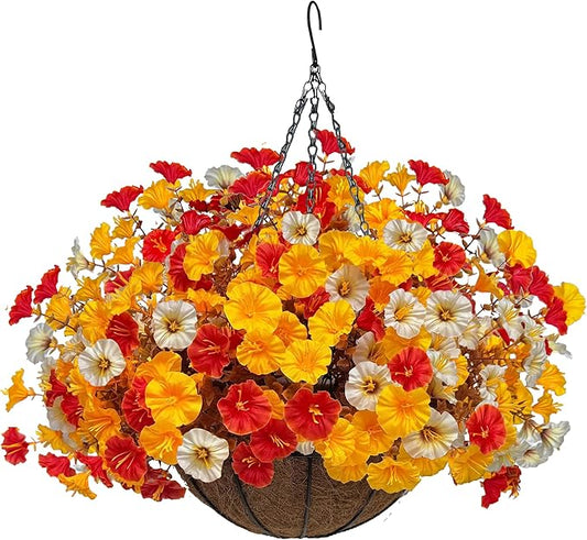 Artificial Fall Flowers with Hanging Baskets Outdoors, Faux mums for outdoor planters, Fake Mums Petunia artificial hanging plants UV Resistant for Autumn Porch Garden Home Yard Decor (Early Harvest)