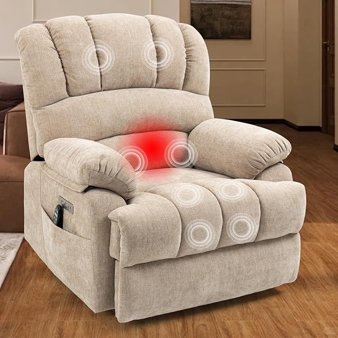 Power Lift Chair with Massage Lumbar Heating, Large Recliner Chair for Adult, 23" Wide Seat Big and Tall Recliner Sofa with Remote Control, Standing Assistance, Cup Holders, Beige