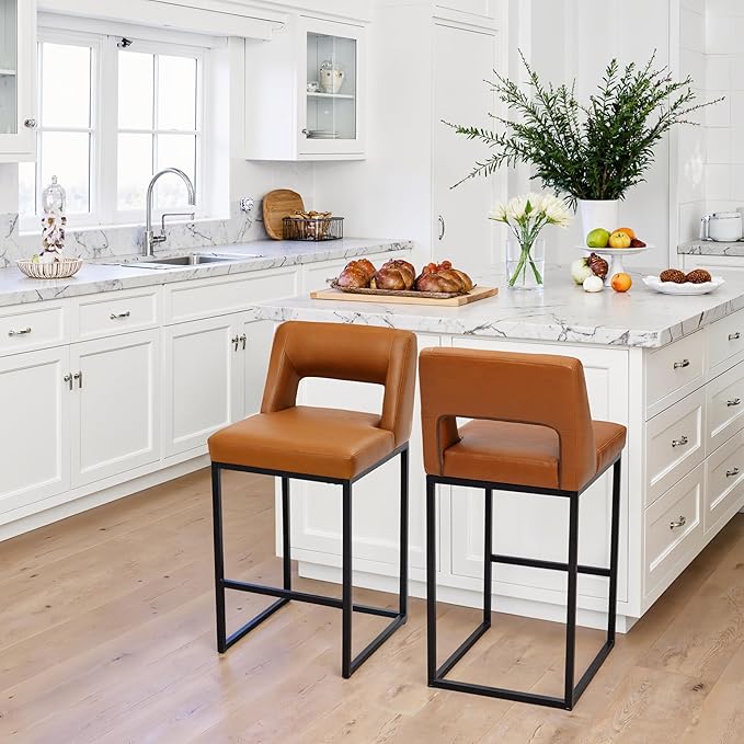 Counter Height Bar Stools Set of 4 for Kitchen Counter Modern Bar Chairs with Backs for Kitchen Island with Upholstered Faux Leather Seat and Metal Frame, 26 Inch, Light Brown