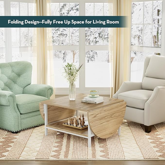 SAYGOER Modern Coffee Table 2-Tier Extended Coffee Tables for Living Room 2-Tier Small Extended Table with Storage White Center Table for Large or Small Spaces, Foldable, Oak