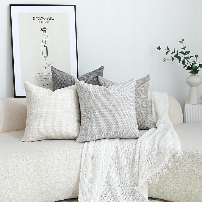 Stellhome Pack of 2 Chenille Neutral Decorative Throw Pillow Covers Soft Woven Textured Luxury Accent Cushion Cases for Living Room Couch Bed Sofa Farmhouse Boho Home, 18x18 inch, Light Grey