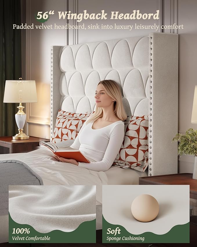 Queen Size Bed Frame with 56" Headboard - 900LBS Capacity Support, Velvet Upholstered Wingback Platform Bed Frame, Noise Free, Sturdy Wooden Slat Support