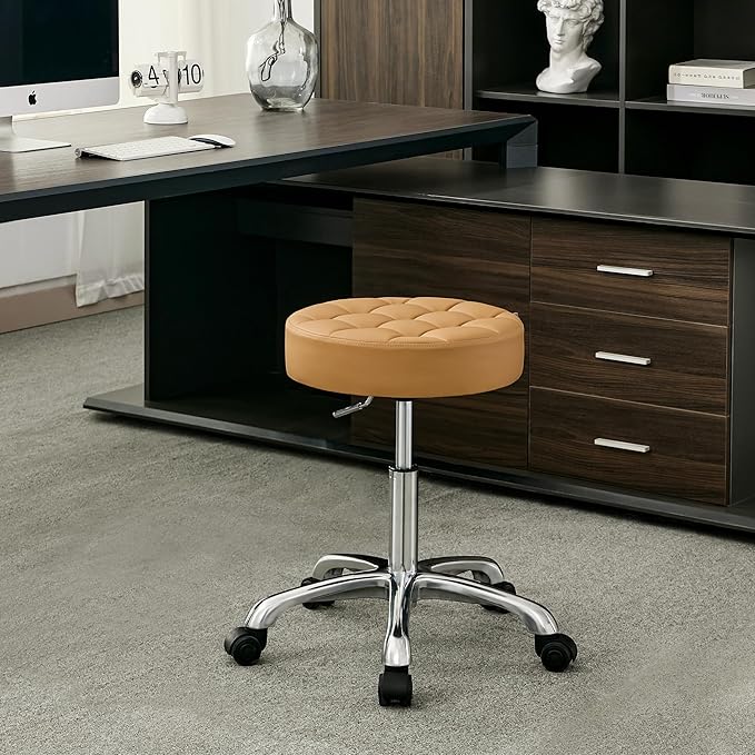 Drafting Stools with Wheels (Adjustable Height 20-27 inch) (300lbs Capacity) Round Vanity Stool (Camel Brown)