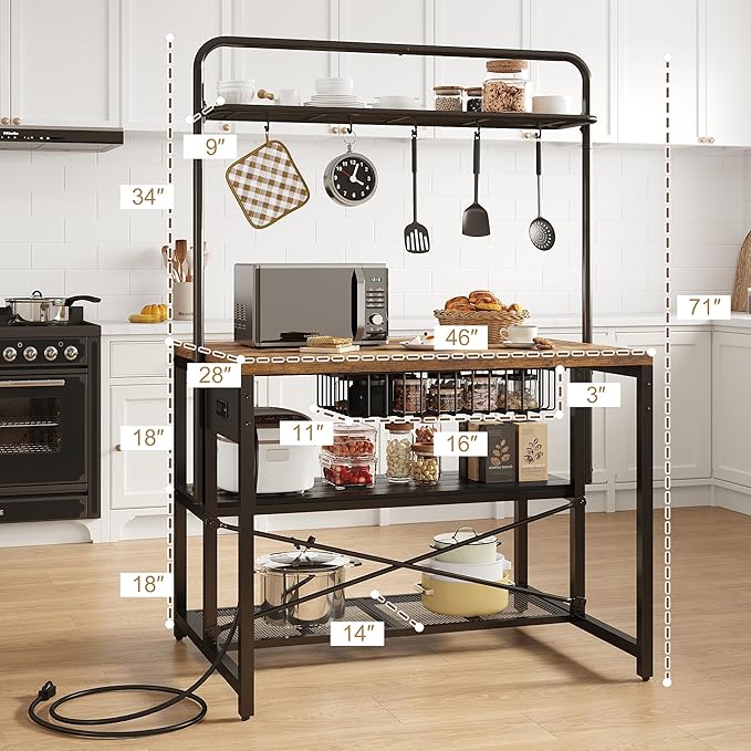 46" Large Kitchen Island Table Baker Rack with Power Outlet and 3-Tier Storage-Microwave Stand Oven Shelf, Metal Coffee Bar Table,Kitchen Storage Shelf for Dining Living Room, 5 Hooks,Vintage