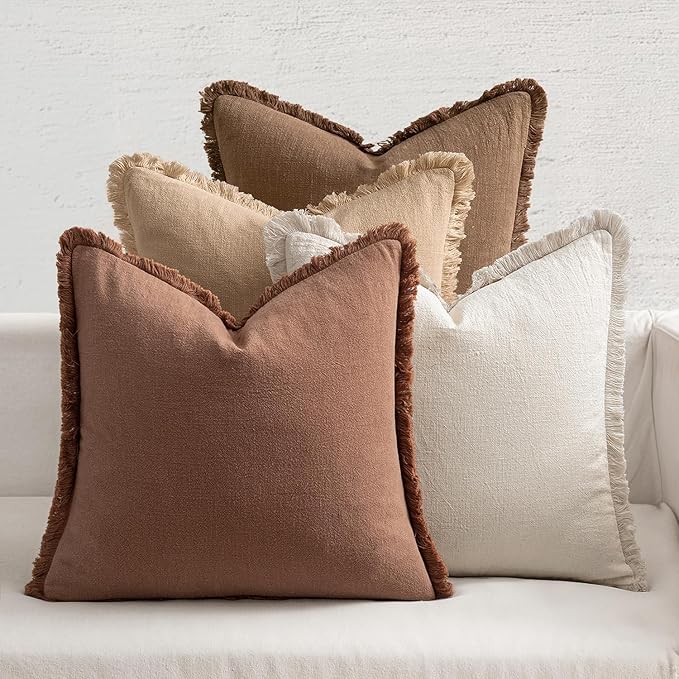 MIULEE Fall Decorative Couch Pillow Covers Neutral Linen Fringe Throw Pillows Set of 4 Accent Rustic Cushions Boho Farmhouse Pillowcases for Bed Sofa Living Room Home Decor 18x18 Inch Beige/Brown