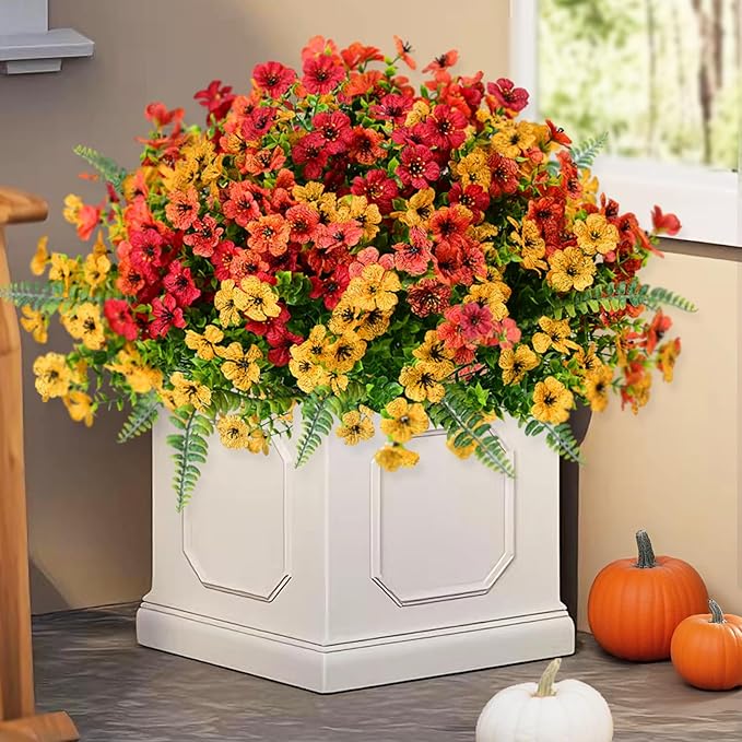 Artificial Faux Plants Flowers Outdoor Decoration,18 Bundles Fake Silk Colorful Daisy Eucalyptus Realistic UV Resistant for Outside Home Planter Porch Patio Yard Decor (Yellow Red)