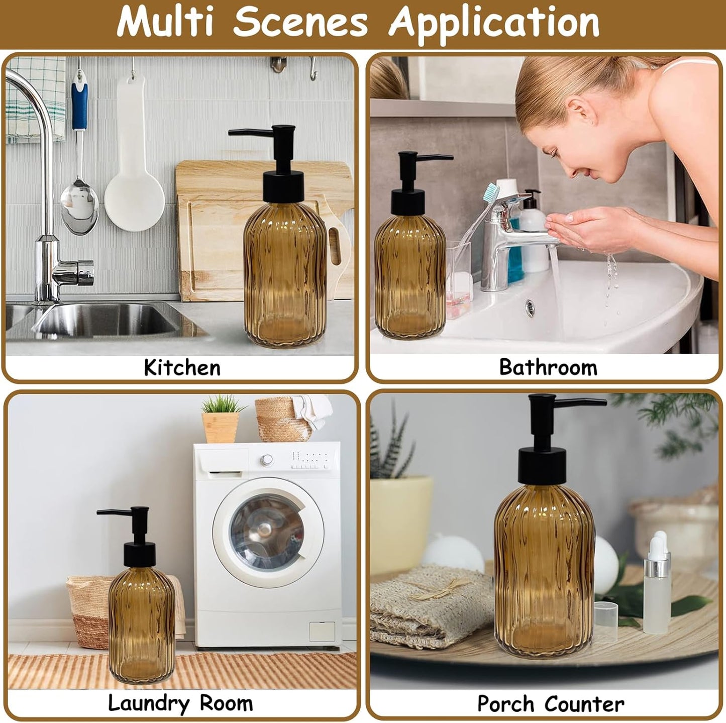 Brown Glass Soap Dispenser Set with Black Pump, 13.5oz Refillable Liquid Hand Dispenser, Vertical Stripe Lotion Dish Soap Dispenser for Modern Home Decor, Bathroom, Kitchen Countertop, Hotel(2 Pack)