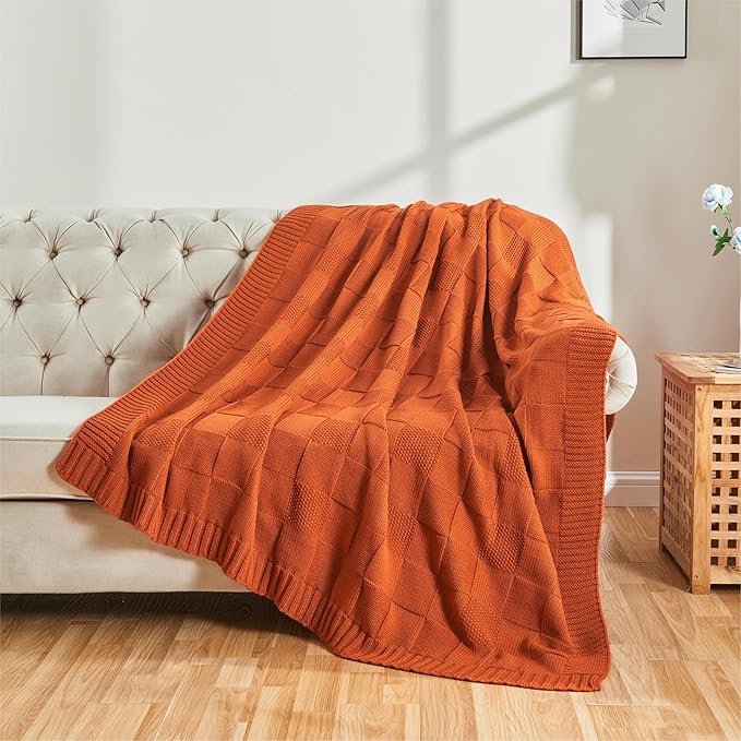 CozeCube Check Knit Throw Blanket, Rust Orange Checkered Throw for Couch, Decorative Christmas Soft Cozy Warm Knitted Blanket for Bed Sofa Living Room, 60"X80"