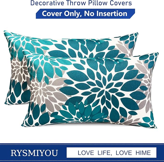 Decorative Throw Pillow Covers Set of 2 Teal Blue Pillow Covers 12x20 Inch Couch Pillow Covers for Sofa Living Room Outdoor Throw Pillow Cover Linen Floral Flower Farmhouse Pillowcase
