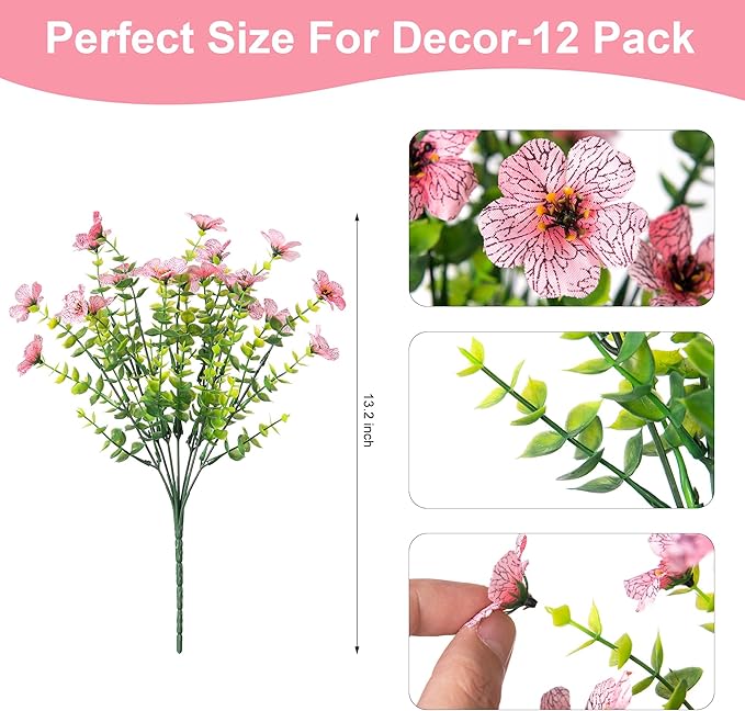 Artificial Fake Plants Flowers for Outdoor Fall Decor, 12 Bundles Faux Silk Mums for Planter Pot Colorful UV Resistant Look Real for Front Door Porch Patio Outside Yard(Purple Pink)