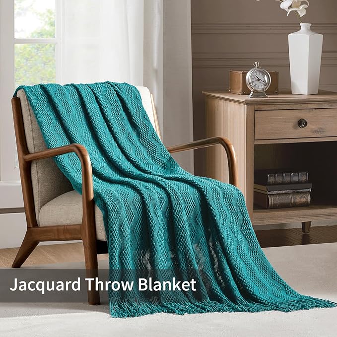 BOURINA Teal Throw Blanket 50x60 Inches Throw Textured Solid Soft Ripple Throws and Blankets for Sofa or Bed Knitted Decorative Blanket