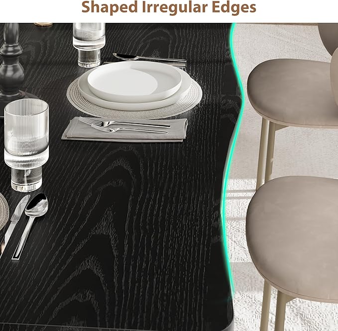 IDEALHOUSE 78.7”Dining Table with Wave Irregular Edge, 15mm Thick MDF Top & Metal Frame, for Kitchen, Quick Assembly, Wooden Kitchen Table for 6-8, Waterproof Scratch-Resistant, Modern Black