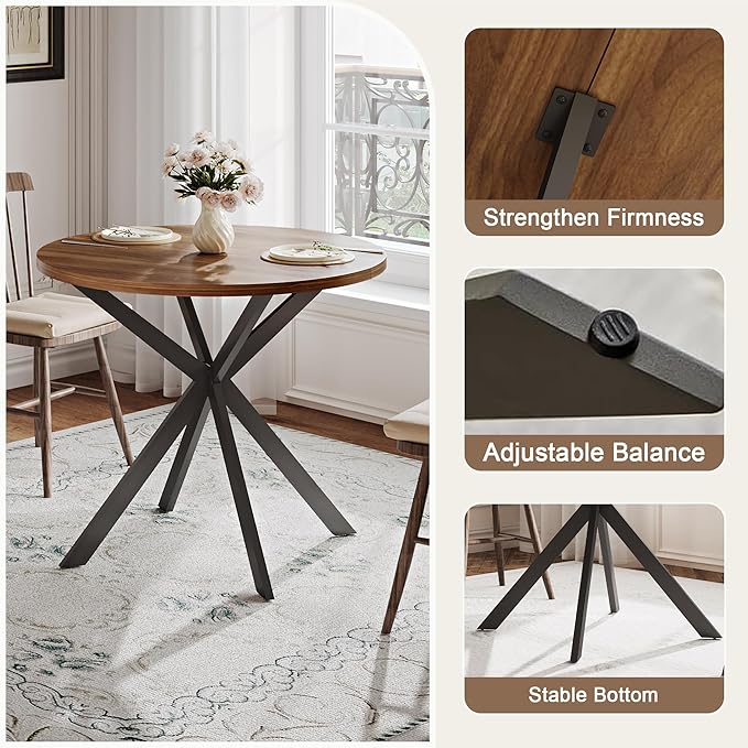 ChooChoo Round Dining Table for 2, Farmhouse Wood Kitchen Table, Circle Dinner Table for Kitchen & Dining Room, Small Space, 31.5In, Walnut