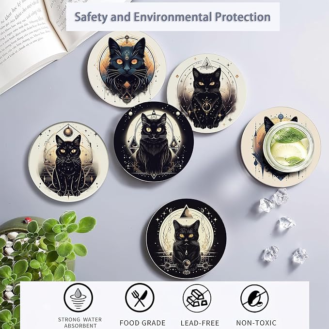 Drink Coasters Set of 6 with Holder, Black Cat Absorbent Ceramic Coasters with Cork Base,Fit All Cups,Great Gift for Housewarming,Room Decor,Bar,Holiday Party