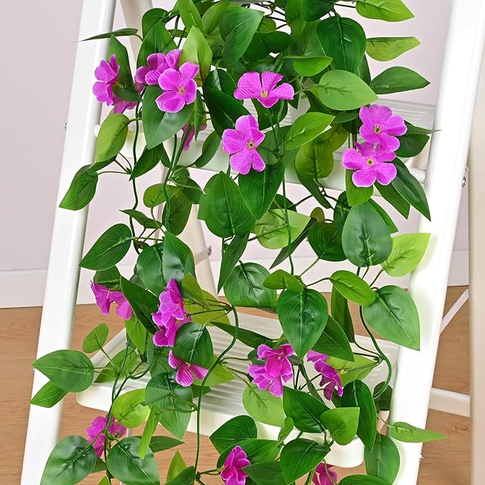 BLEUM CADE Artificial Hanging Flowers for Outdoors, 4pcs Fake Hanging Plants Pothos Vines with Purple Flowers for Wall Home Living Room Indoor Outdoor Decor (No Baskets)