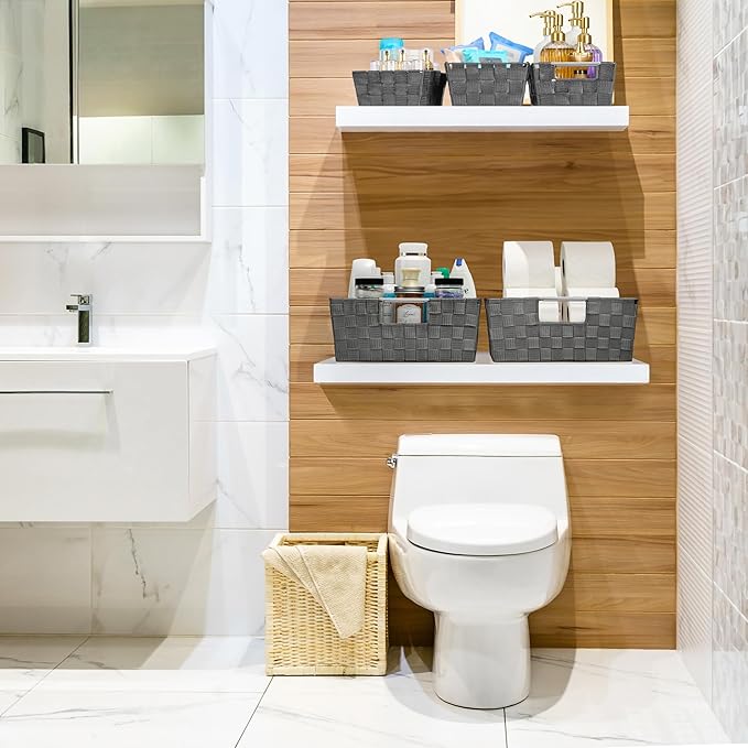 Sorbus Set of 9 Woven Storage Baskets – Mesh Hand-Woven Baskets for Organizing, Fabric Storage Bins for Linen Closet Organizer, Storage Baskets for Shelves, Home Organization and Decor (Gray)