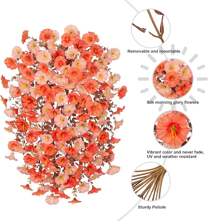 Ivydale Artificial Faux Mums Fall Flowers for Outdoor Outside Decoration, 2 PCS Fake Hanging Flowers Silk Morning Glory Plants with Eucalyptus for Home Garden Decor (Fall Orange+Light Orange)