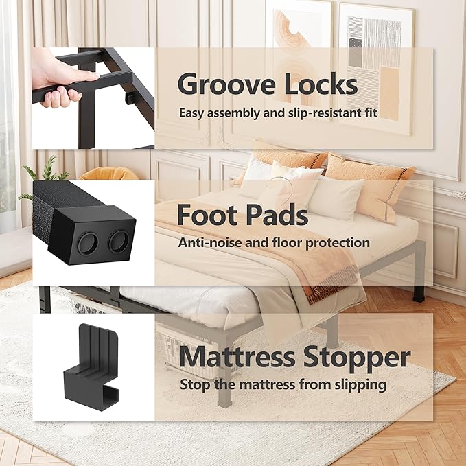 FUIOBYVV Full Size Bed Frame,10 Inch Low-Profile Metal Platform with Steel Slats 3500lbs Support,No Box Spring Needed,Non-Slip Mattress Stopper,Underbed Space,Quiet and Sturdy,Easy Assembly