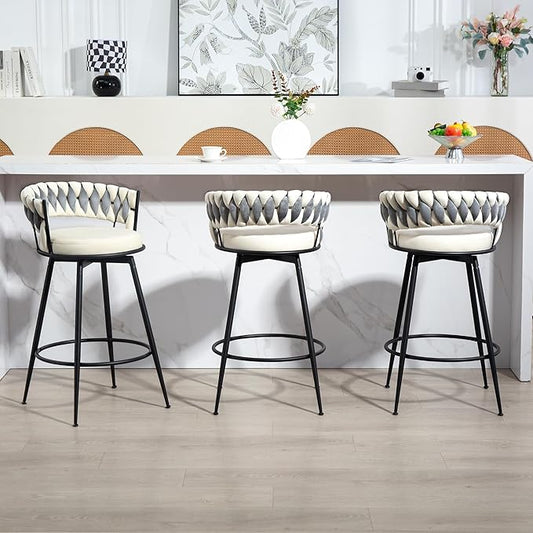 Counter Height Bar Stools Set of 3, 28 Inch Bar Stool with Metal Legs, 360° Swivel Barstools with Woven Back Leather Upholstered, Modern Chair for Kitchen Island, Cafe