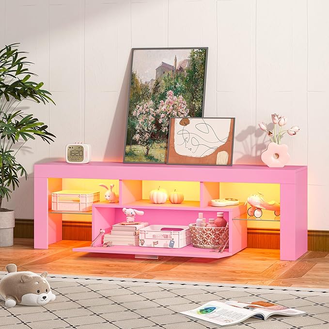 Clikuutory Modern Lighting 51 inch TV Stand with Large Storage Drawer for 32 40 50 55 Inch TVs, TV Console with 20 Color LED Lights, Entertainment Center Media and Open Shelf for Bedroom, Pink