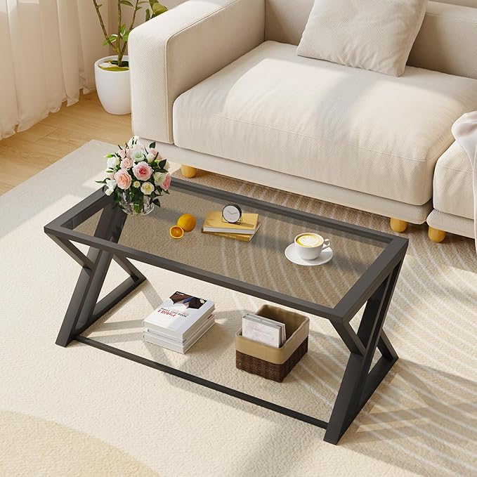 Coffee Table Grey Glass Coffee Table for Living Room,Modern Rectangular Center Table with Sturdy Metal Frame,Tempered Glass Table Tea Tables for Bedroom Home Office
