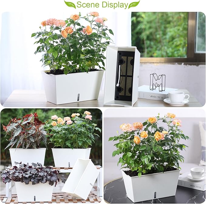 Window Box Planter 6 Pcs, 12.1 Inches Self Watering Plant Pots Rectangle Flower Pots with Drainage Holes and Breathable Trays, Vegetable Planters for Windowsill Patio Garden Balcony Porch Yard (White)